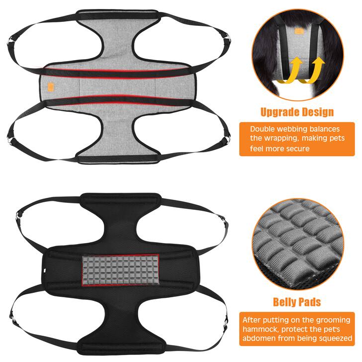 Upgrade Design: Double webbing balances the wrapping, making pets feel more secure.
Belly Pads: After putting on the grooming hammock, protect the pet's abdomen from being squeezed.