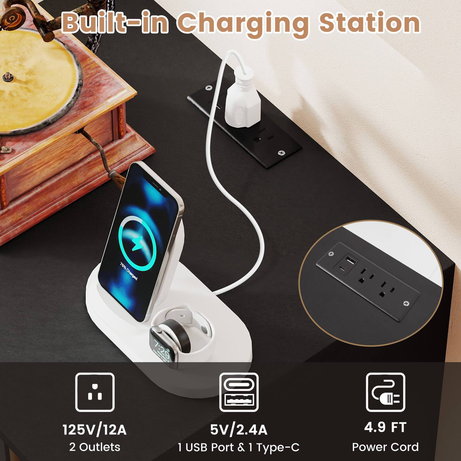 Built-in Charging Station

- 125V/12A
- 2 Outlets
- 5V/2.4A
- 1 USB Port & 1 Type-C
- 4.9 FT Power Cord