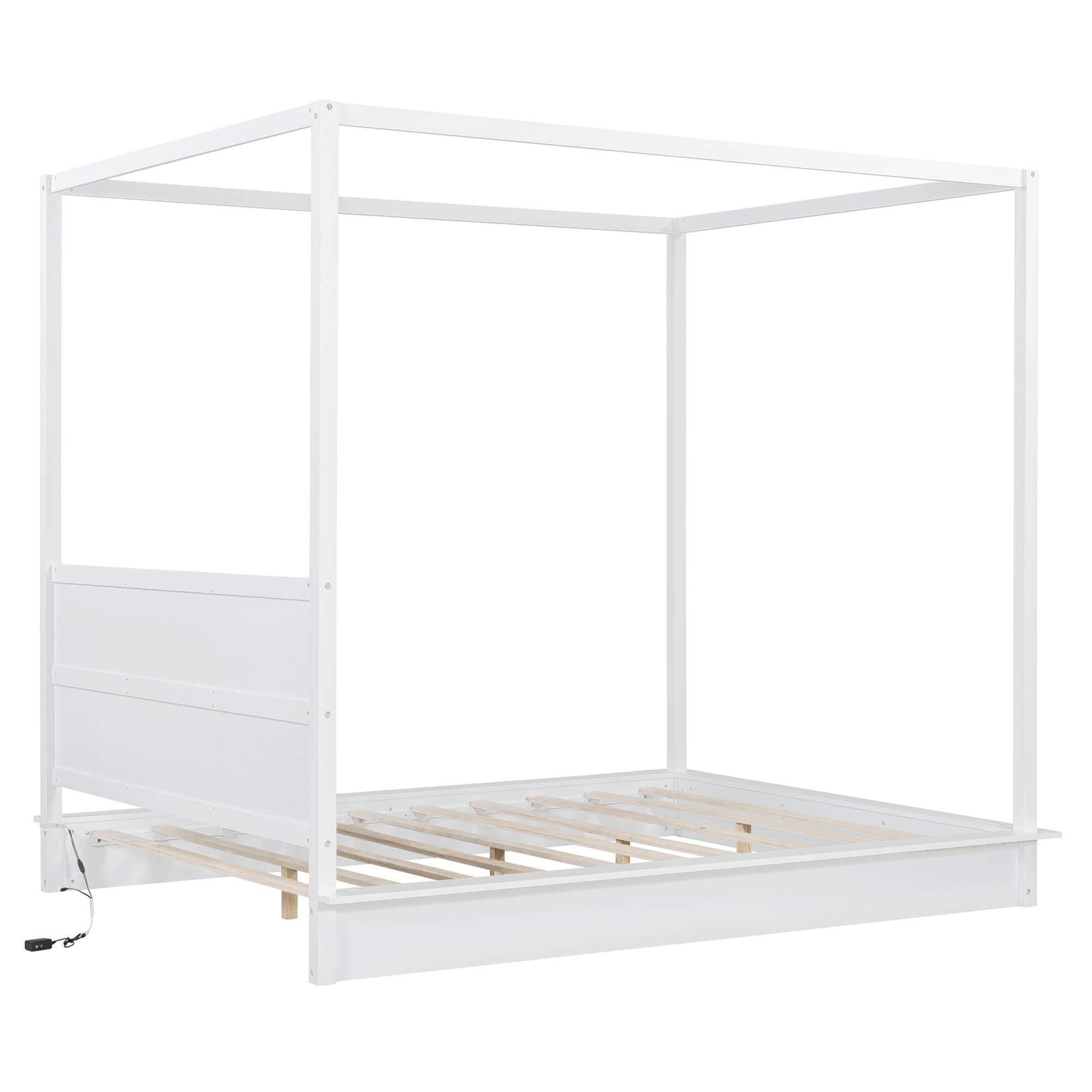 Alt View 1. GOODSILO - Queen Size Wooden LED Canopy Platform Bed with Support Slats, No Box Spring Needed, Modern Design - White.