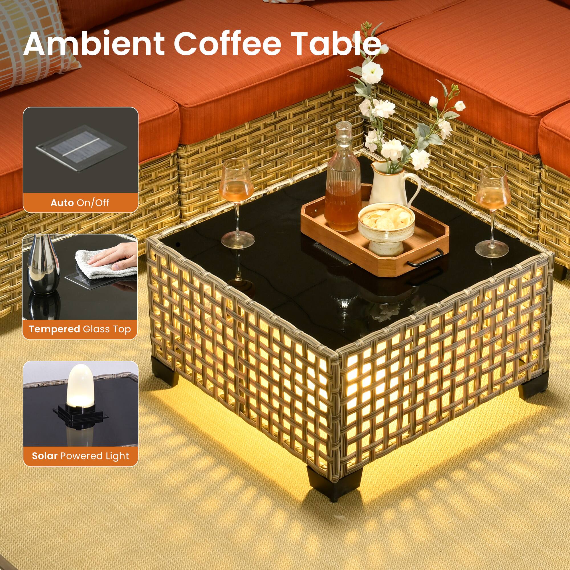 Ambient Coffee Table Auto On/Off Tempered Glass Top Solar Powered Light