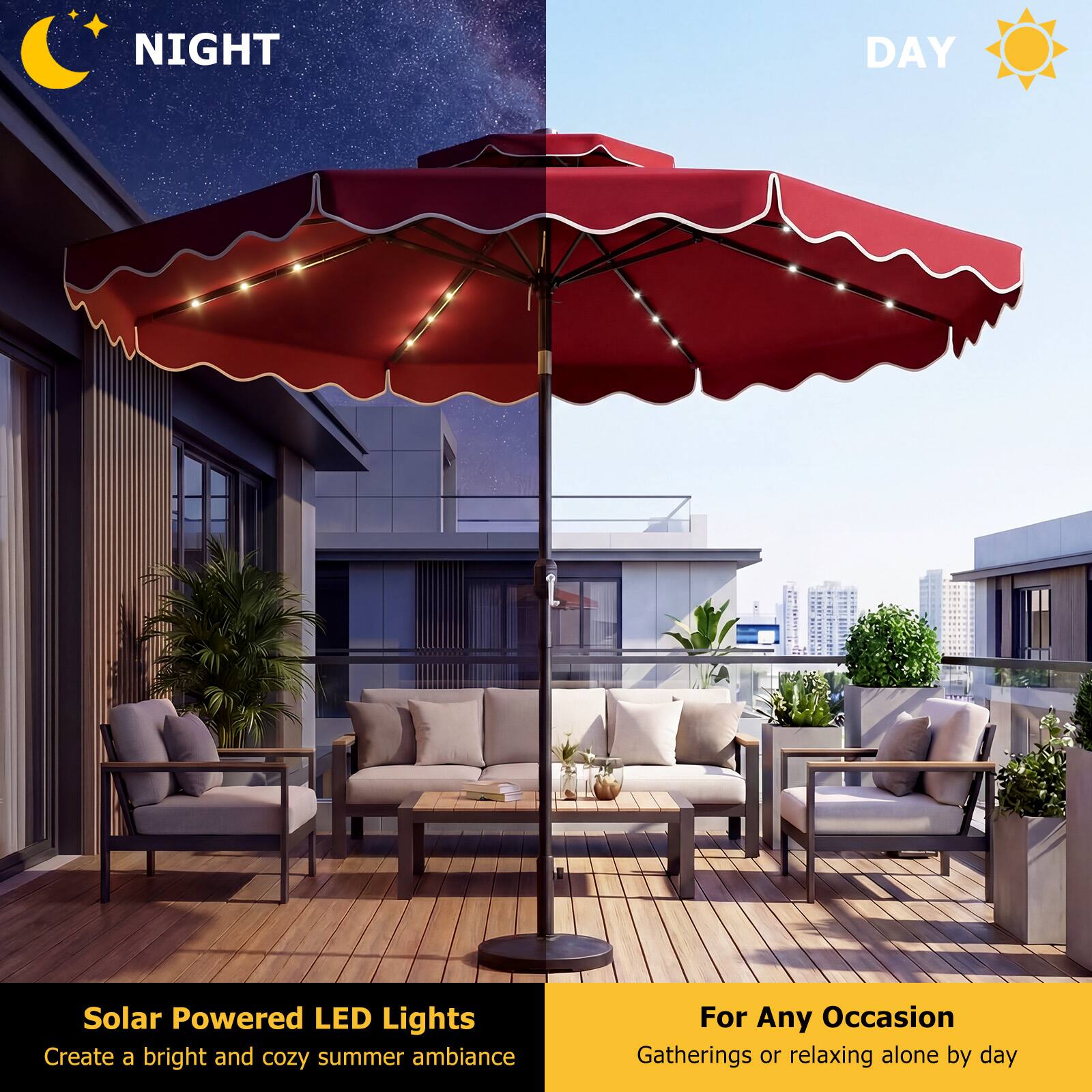 Solar Powered LED Lights  
Create a bright and cozy summer ambiance  

For Any Occasion  
Gatherings or relaxing alone by day  

NIGHT  
DAY