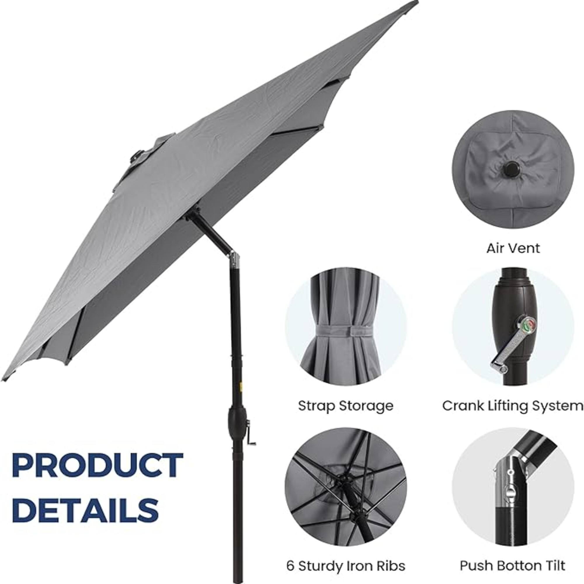 Air Vent  
Strap Storage  
Crank Lifting System  
PRODUCT DETAILS  
6 Sturdy Iron Ribs  
Push Button Tilt