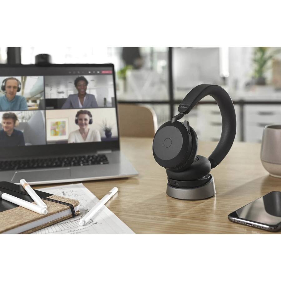 Alt View 3. Jabra - Jabra Evolve2 75 Wireless On-ear Stereo Headset - USB-C - Unified Communication - With Charging Stand - Black - Binaural - Blue.