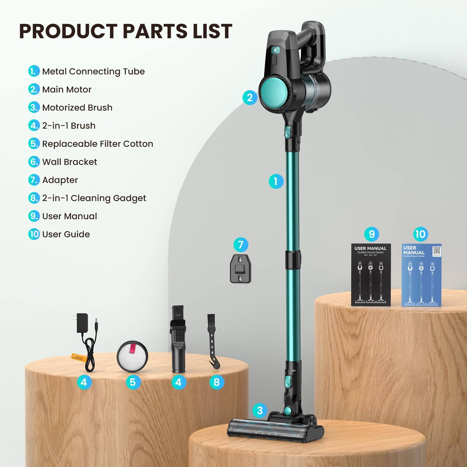 PRODUCT PARTS LIST

1. Metal Connecting Tube  
2. Main Motor  
3. Motorized Brush  
4. 2-in-1 Brush  
5. Replaceable Filter Cotton  
6. Wall Bracket  
7. Adapter  
8. 2-in-1 Cleaning Gadget  
9. User Manual  
10. User Guide  

USER MANUAL  
USER MANUAL