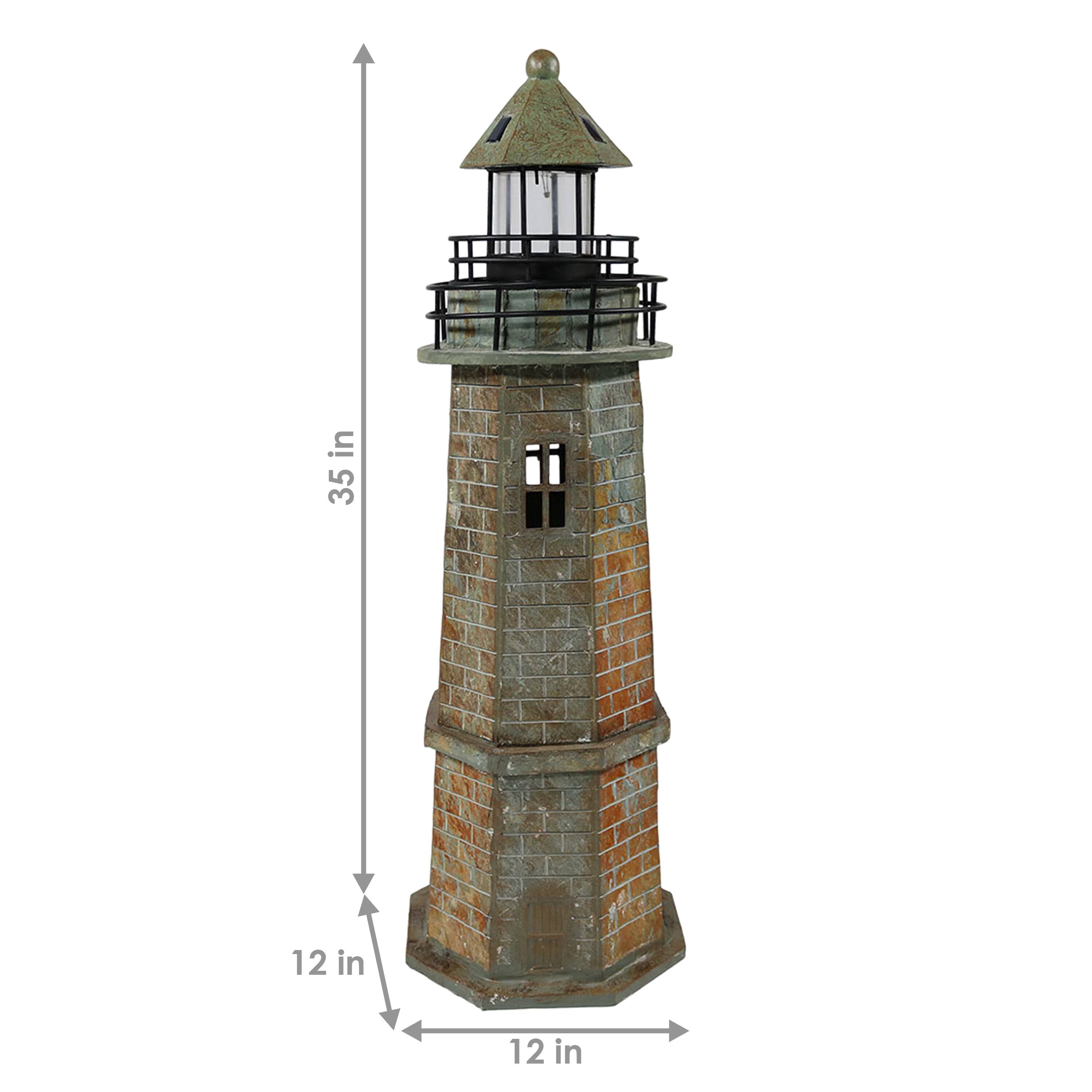 Alt View 2. Sunnydaze - 35 in Resin and Stone Solar LED Lighthouse Nautical Statue - Grey.