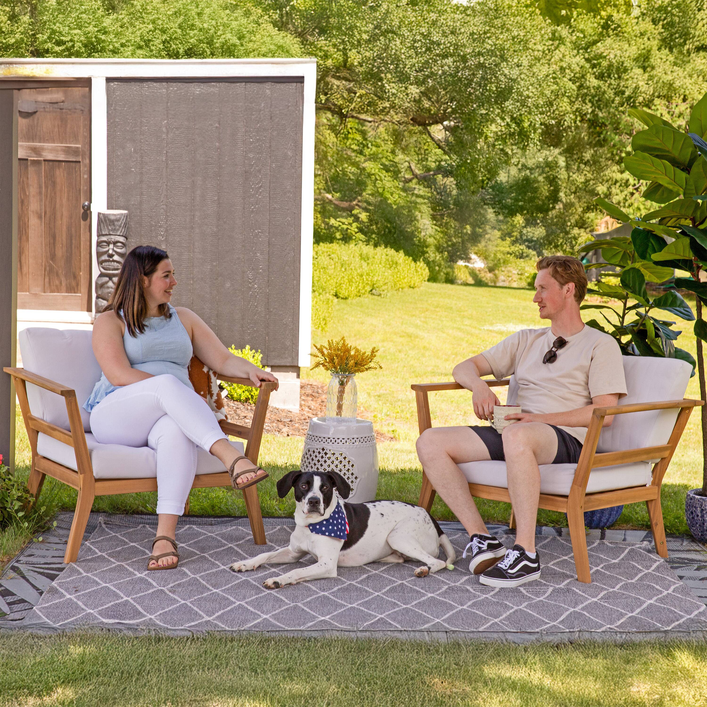 Alt View 5. Sunnydaze - Bodie Acacia Wood Patio Armchair with Cushions - Set of 2 - Natural/Bone White.