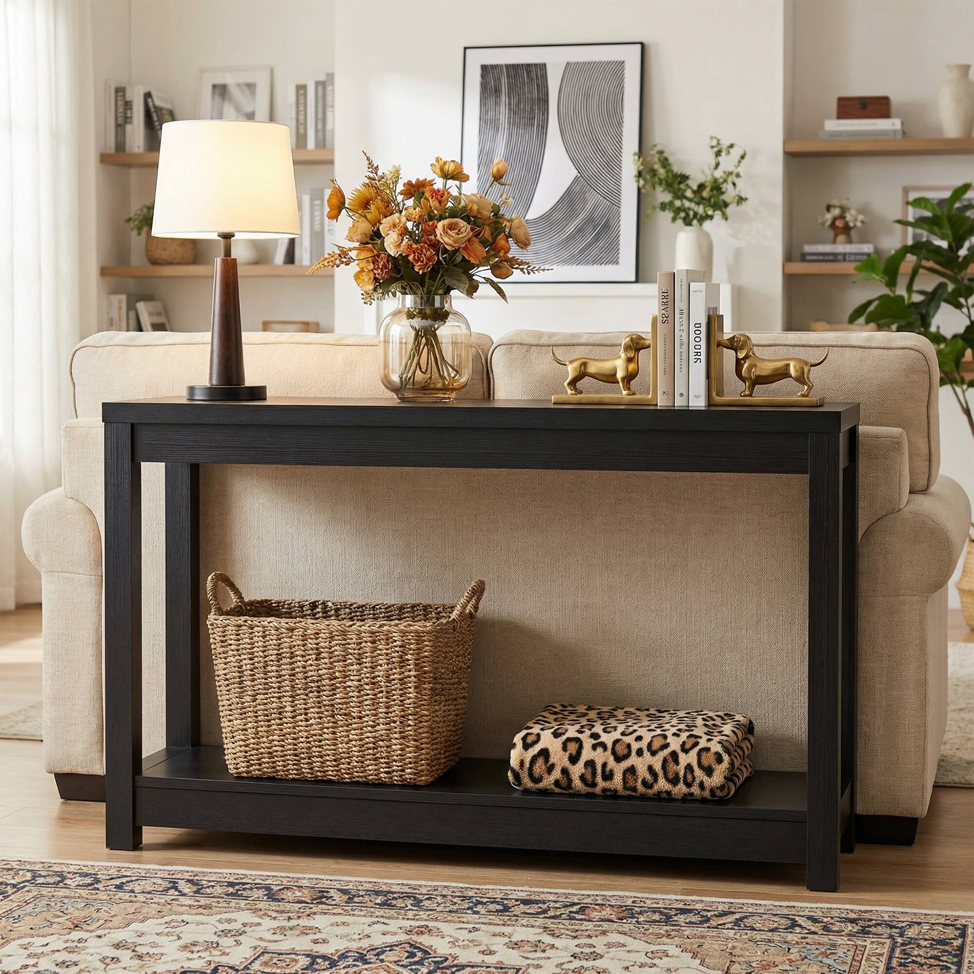 Alt View 2. Aheaplus - 47" Farmhouse Wood Entryway Table: Narrow Console with Open Storage Shelves for Behind Couch, Easy Assembly - Black.