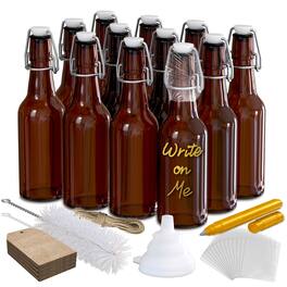 Nevlers - 8.5 Oz. Swing Top Glass Beer Bottles with Bottle Brush, Funnel, Shrink Wrap, Paper Tags and Marker (Set of 12) - Amber