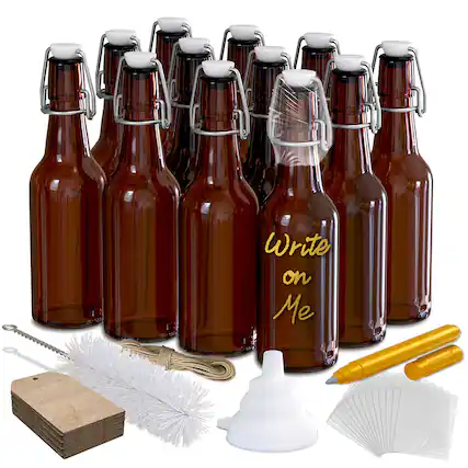 Front. Nevlers - 8.5 Oz. Swing Top Amber Glass Beer Bottles with Bottle Brush, Funnel, Shrink Wrap, Paper Tags and Marker (Set of 12) - Amber.