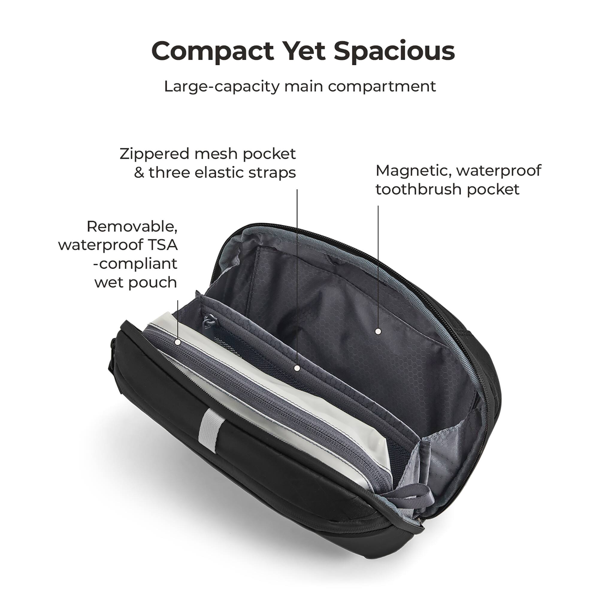 Compact Yet Spacious  
Large-capacity main compartment  
Zippered mesh pocket & three elastic straps  
Magnetic, waterproof toothbrush pocket  
Removable, waterproof TSA-compliant wet pouch