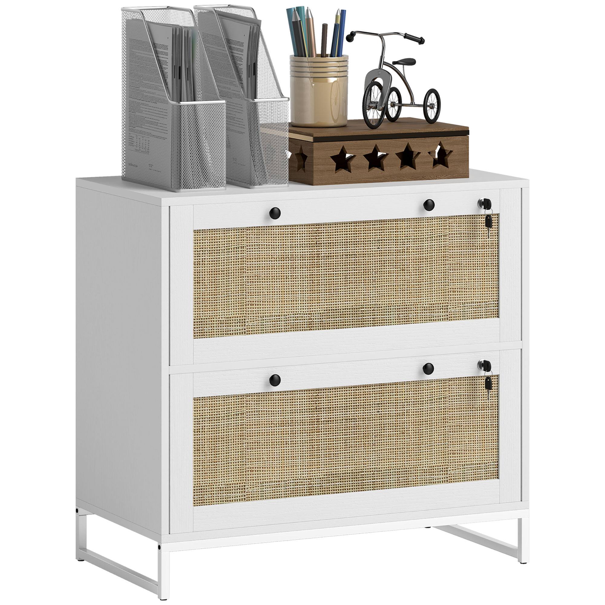 Front. Vinsetto - 2 Rattan Drawer File Cabinet with Lock, Lateral Filing Cabinet with Adjustable Hanging Bar for Letter.