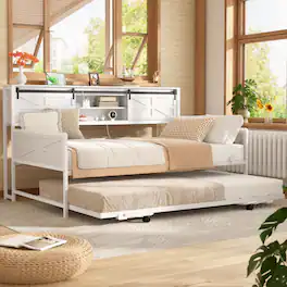 Aheaplus - Farmhouse Twin Daybed With Bookcase Headboard & Charging Station - Trundle Sofa Bed Frame, Space-Saving - White