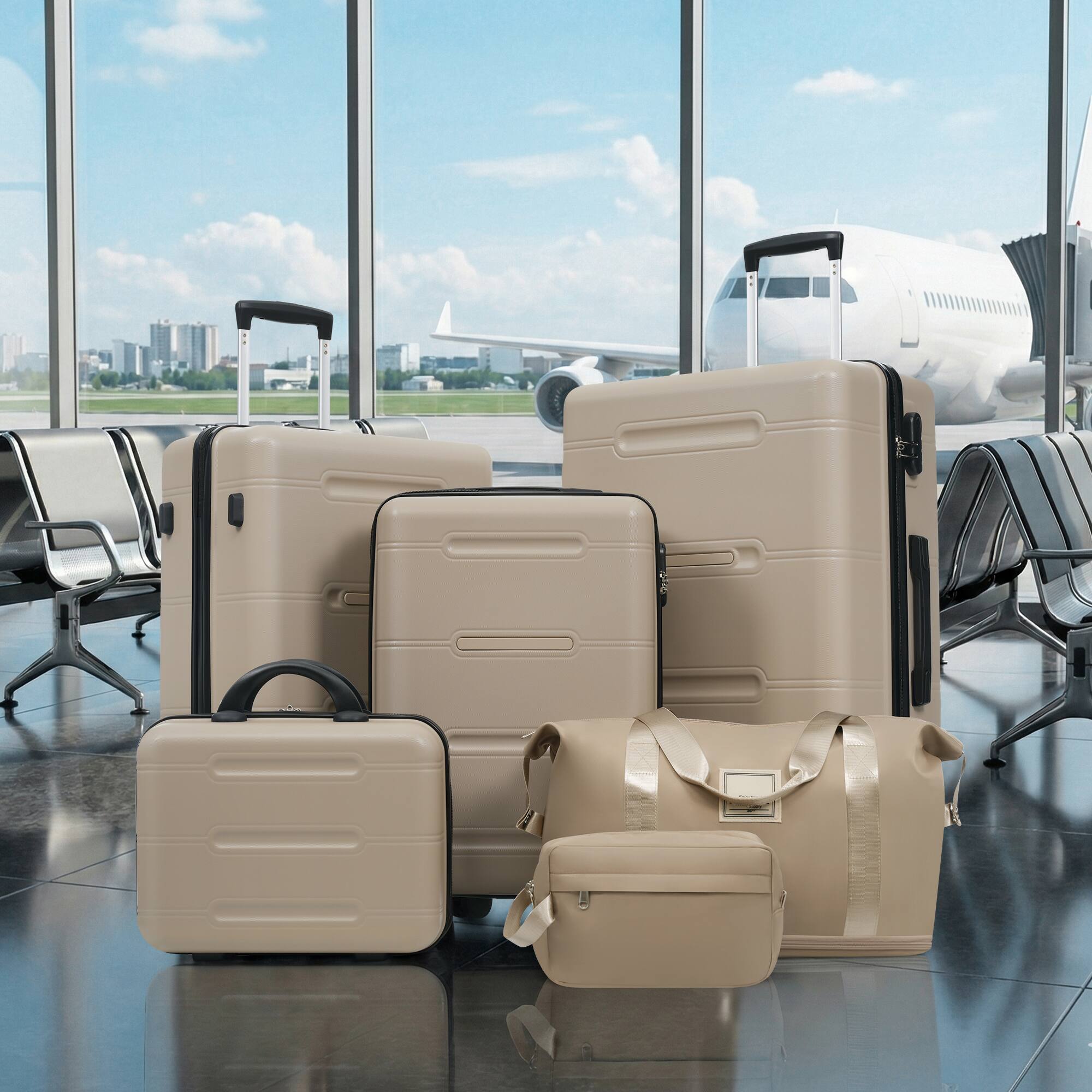 Alt View 10. Ecooso - 6-Piece ABS Hard Shell Luggage Set with Double Spinner Wheels, Password Lock, 14" Case, Duffel & Toiletry Bag - khaki.