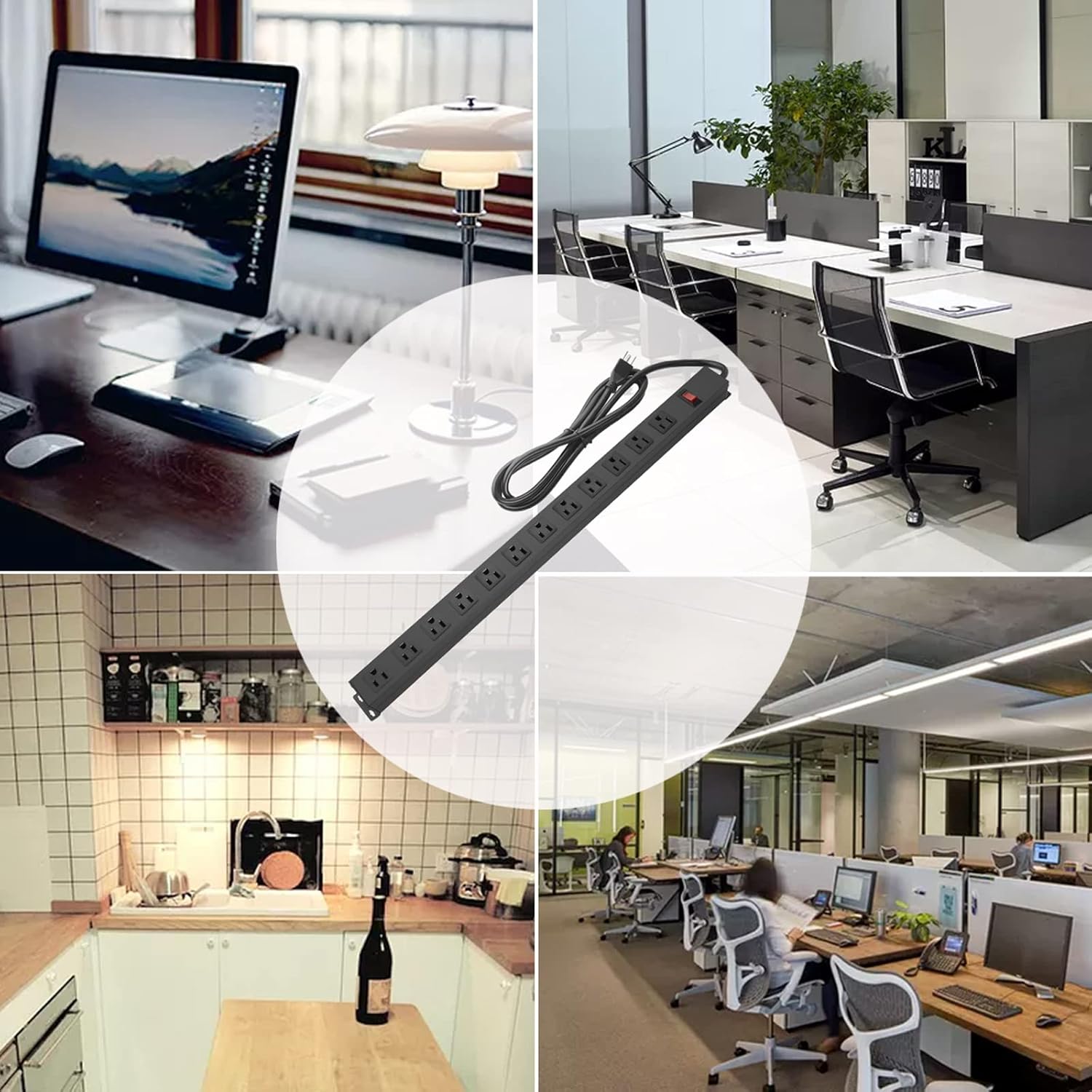 Alt View 4. FINEAK - 10 FT Metal Wall Mount Power Strip with 12 AC Outlets - Black.