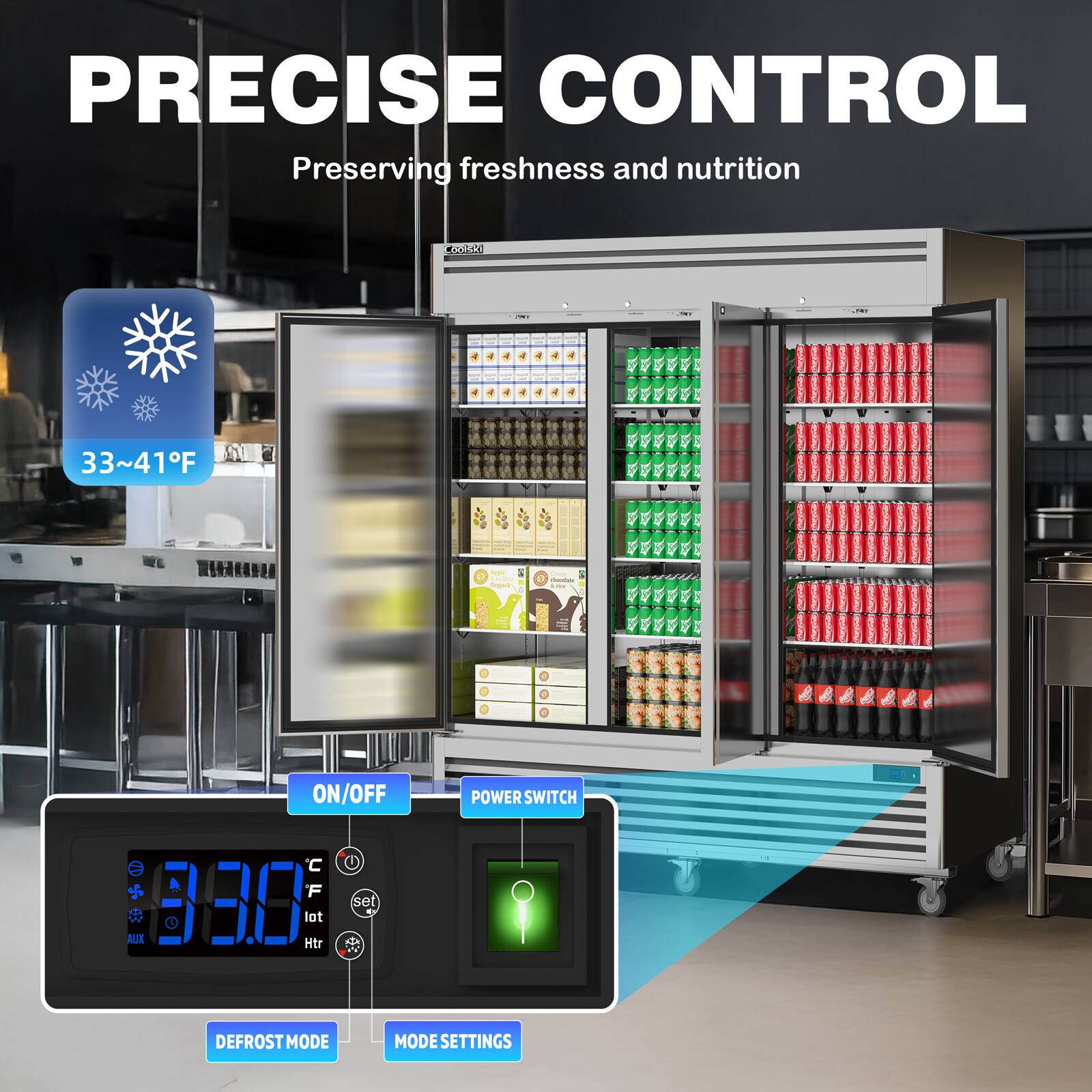 PRECISE CONTROL  
Preserving freshness and nutrition  

33~41°F  

ON/OFF  
POWER SWITCH  

DEFROST MODE  
MODE SETTINGS