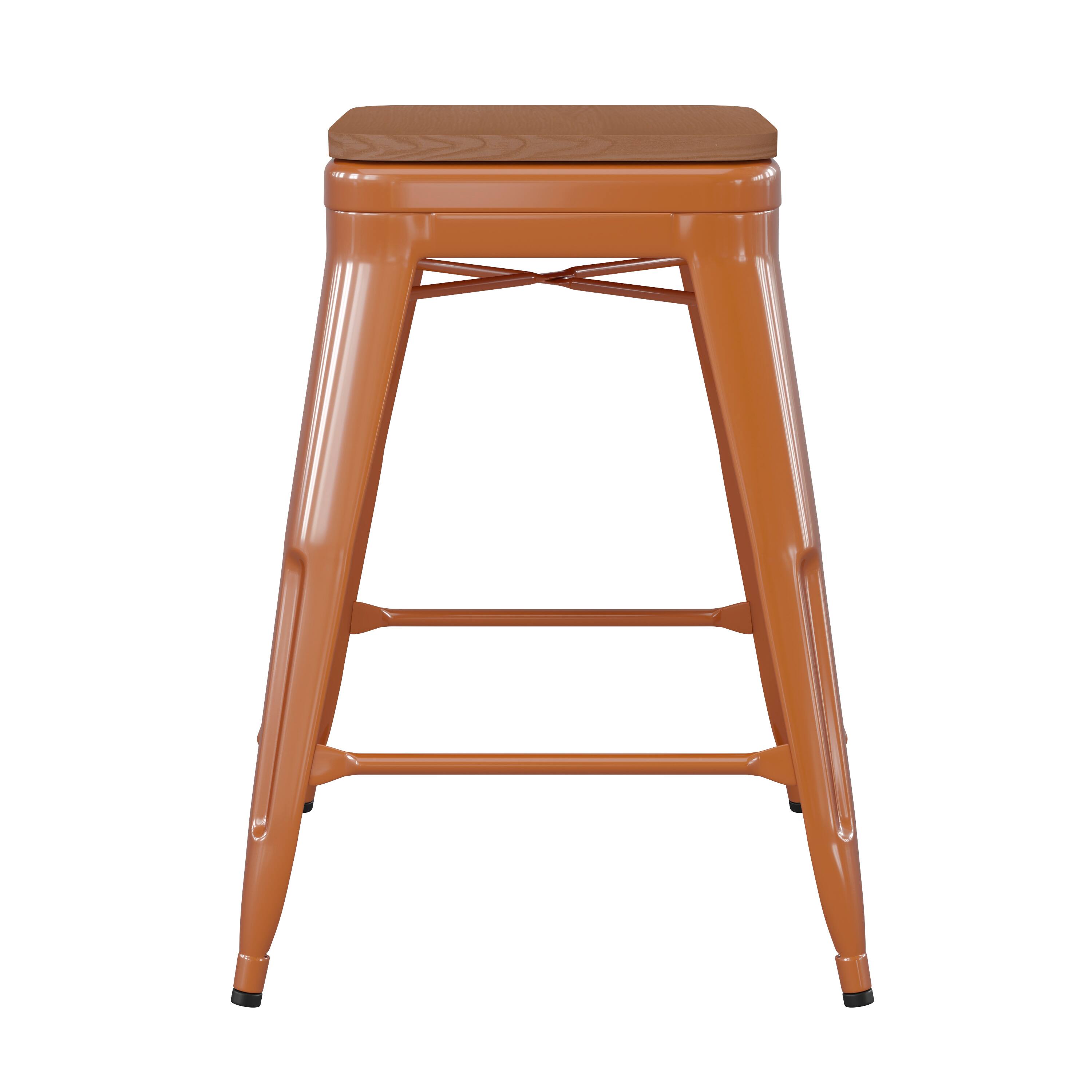 Alt View 10. Emma + Oliver - Kam Backless Metal Indoor-Outdoor Stool with All-Weather Polystyrene Seat - Teak Seat/Orange Frame.