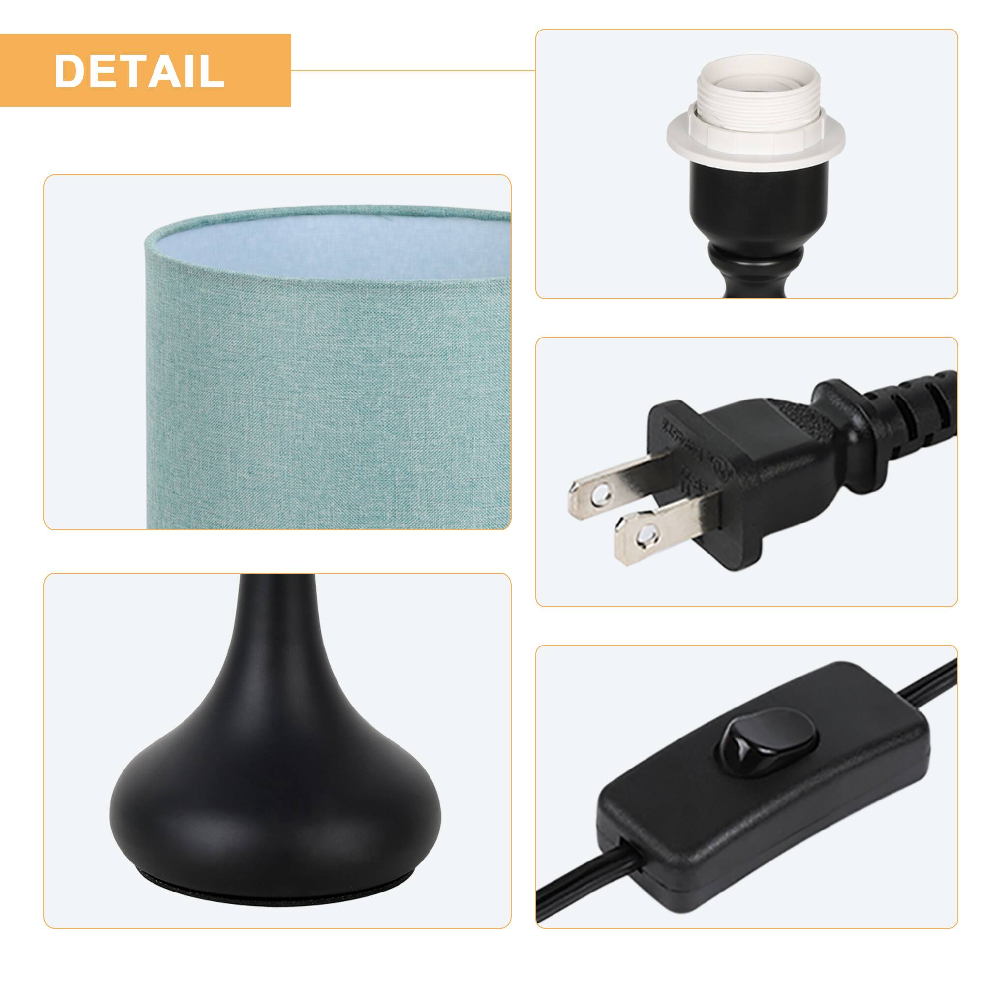Back. Oumilen - Set of 2 Green Fabric Shade Table Lamps – Modern Black Metal Base Nightstand Lamps for Bedroom.
