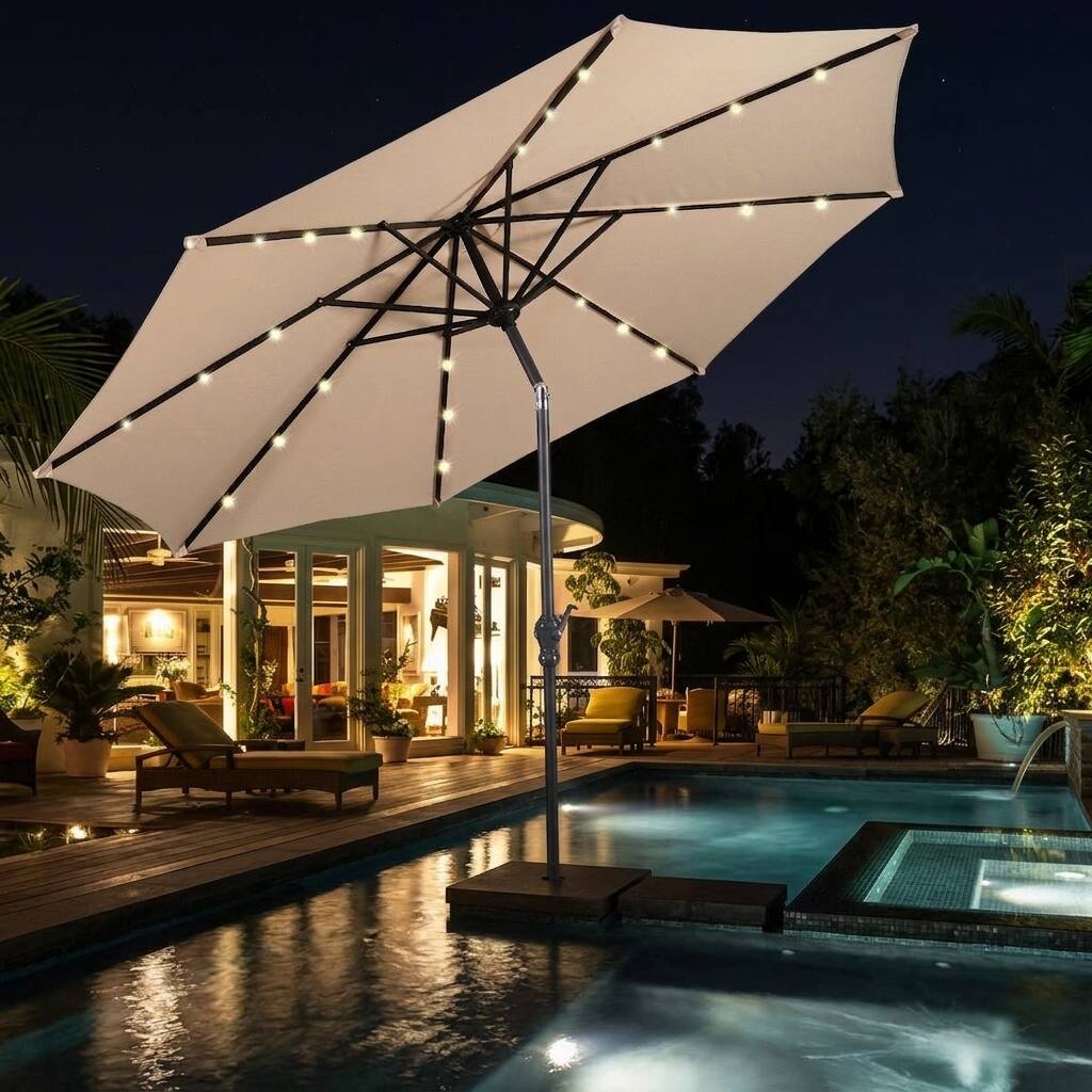 Angle. WELLFOR - 10FT Patio Solar Umbrella with LED Lights and Crank Lift.