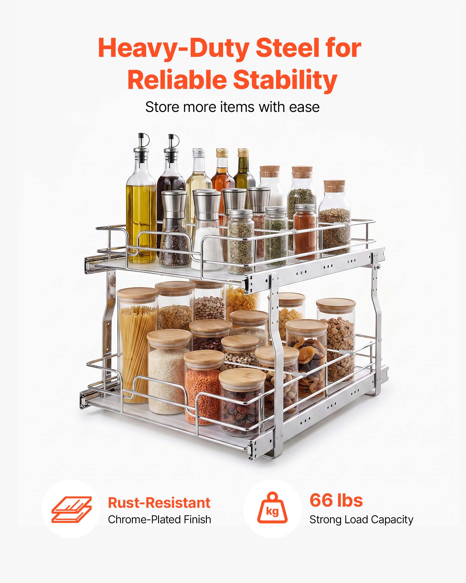 Heavy-Duty Steel for Reliable Stability  
Store more items with ease  

Rust-Resistant Chrome-Plated Finish  

66 lbs  
Strong Load Capacity