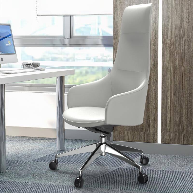 Angle. LeisureMod - Celeste High-Back Office Chair in Upholstered Leather with Iron Frame Swivel and Tilt for Desk, Study and Home Office - White.