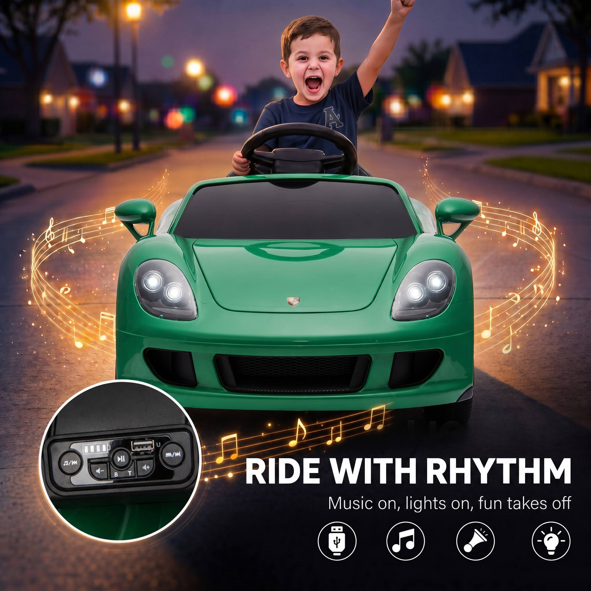 A

MI  T
U /M
RIDE WITH RHYTHM Music on, lights on, fun takes off