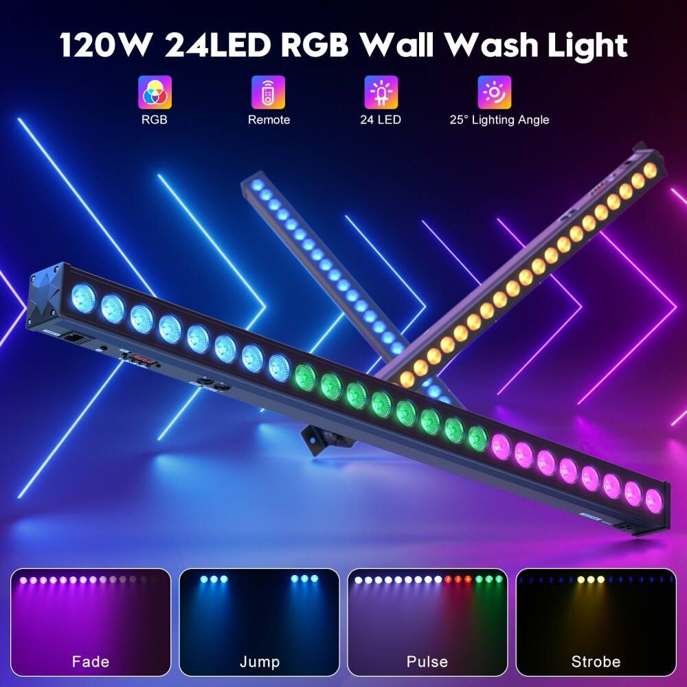 120W 24LED RGB Wall Wash Light

- RGB
- Remote
- 24 LED
- 25° Lighting Angle

- Fade
- Jump
- Pulse
- Strobe