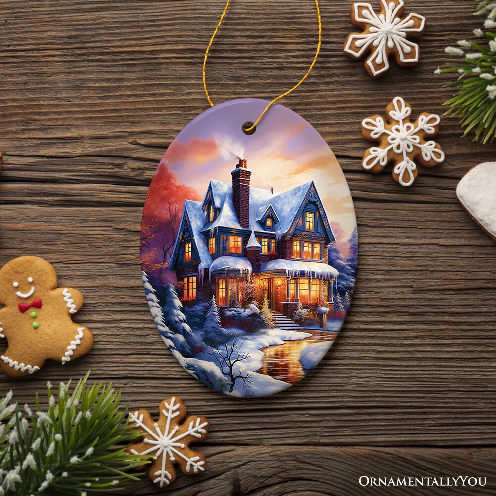 Back. OrnamentallyYou - Serene Snowy House Painting Christmas Ornament Tranquil Winter Wonderland Decor Keepsake Oval - Multi-colored.