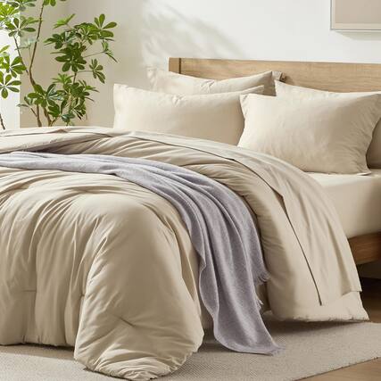 Front. NICHOLAS KLEIN - Queen Comforter Set With Sheets Beige Bed In A Bag Lightweight And Machine Washable - Beige Twin/Twin xl.