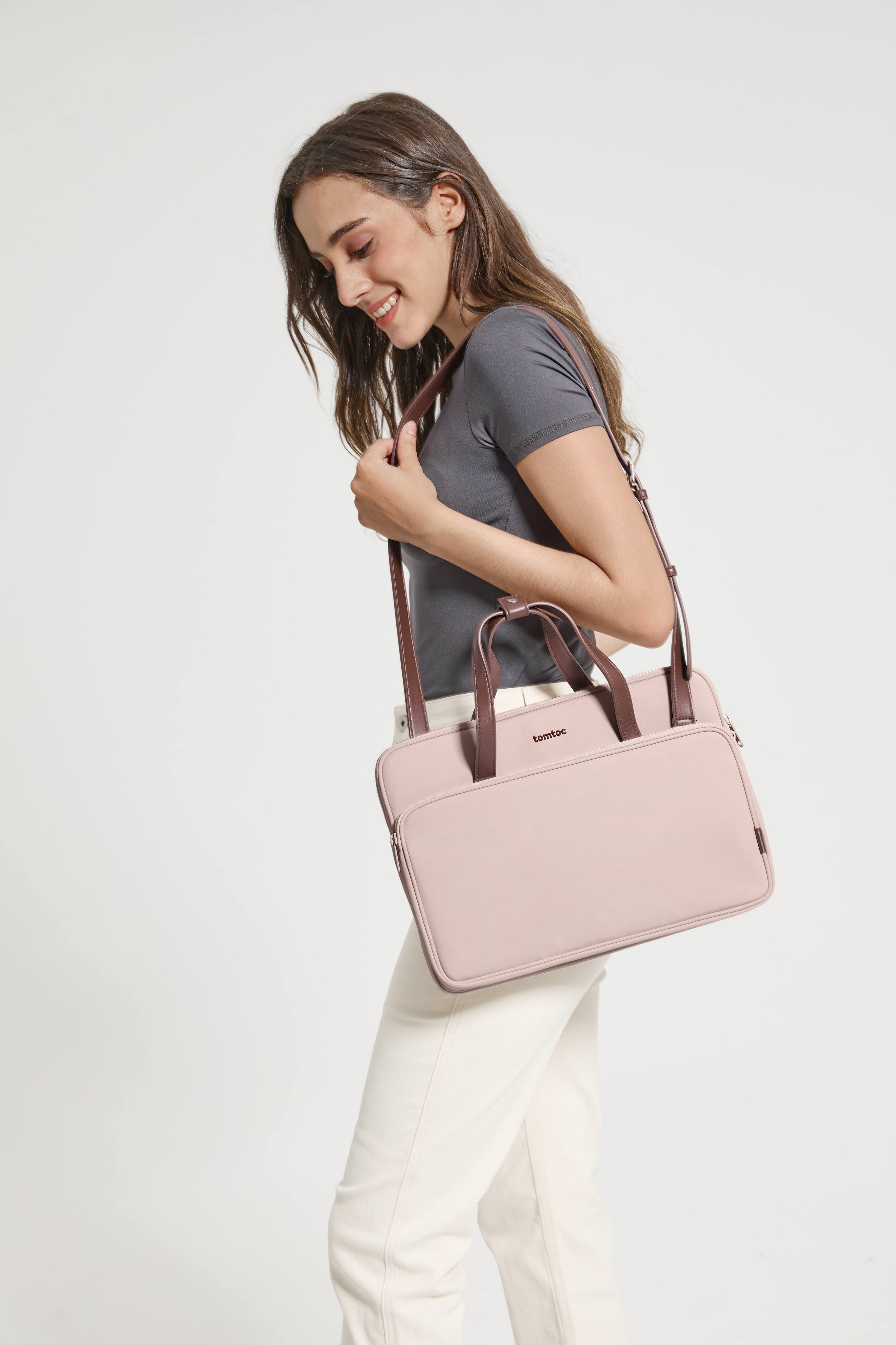 Alt View 21. tomtoc - Versatile-A12 Laptop Shoulder Case Bag for 14 inch MacBook Pro, 13" MacBook Air & Pro, Microsoft Surface Laptop - Blush Pink.