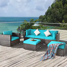 Gymax - 6PCS Patio Conversation Set Rattan Sectional Furniture Set w/ Cushions - Turquoise