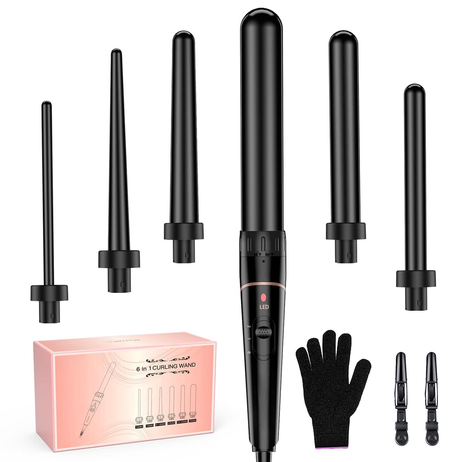 Live At Space - 5 In 1 Curling Iron Wand Set With Thermal Brush Flat Hair Straightener 3 Ceramic Irons (0.35"-1") 13 - Black 6 in 1 set