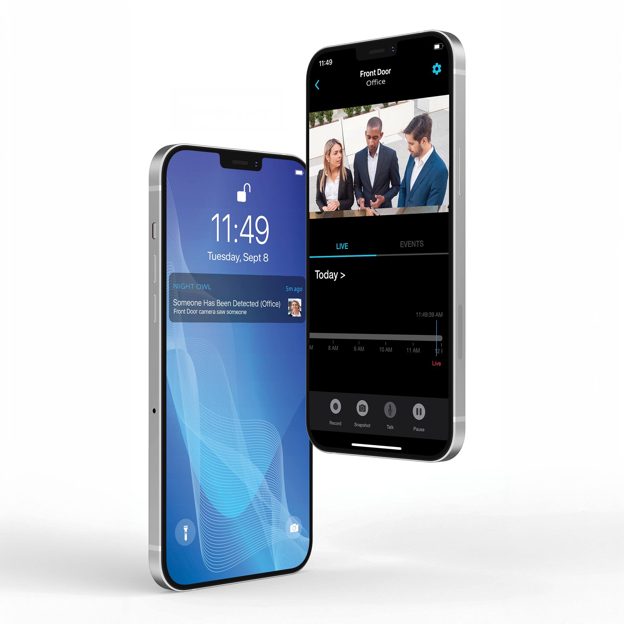 The text on the image reads: "11:49 Front Door Office 11:49 Tuesday, Sept 8 NIGHT OWL 5m ago Someone Has Been Detected (Office) Front Door camera La someone LIVE Today EVENTS 11:4:39 AM .  EAM I AM  10 AM  11 AM RI - Live Pecond Snapshot Tal Paue."