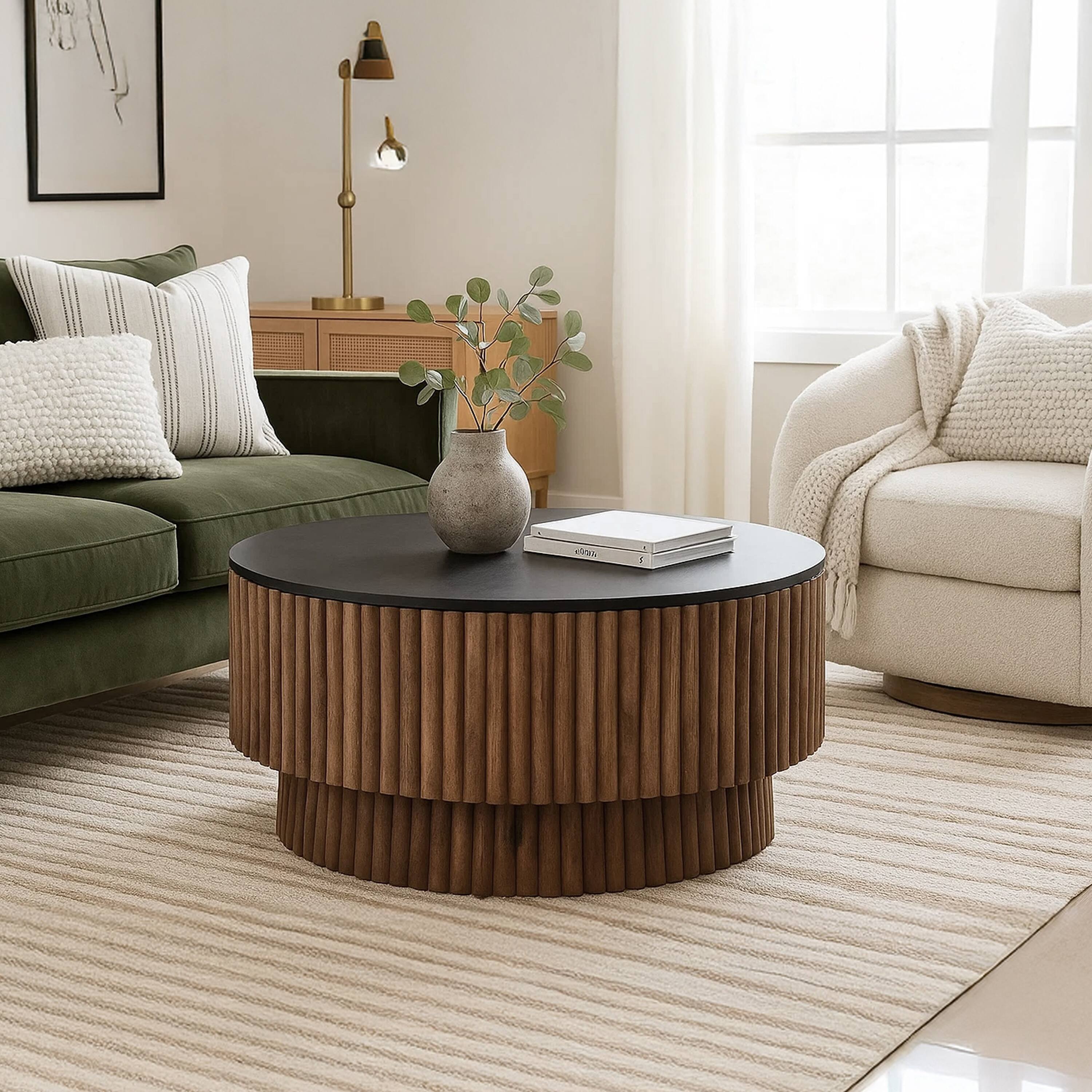 Alt View 10. Manhattan Lane - Montoya Coffee Table | 34" Round Black Top | Mango Wood Fluted Plinth Base - Black, Brown.