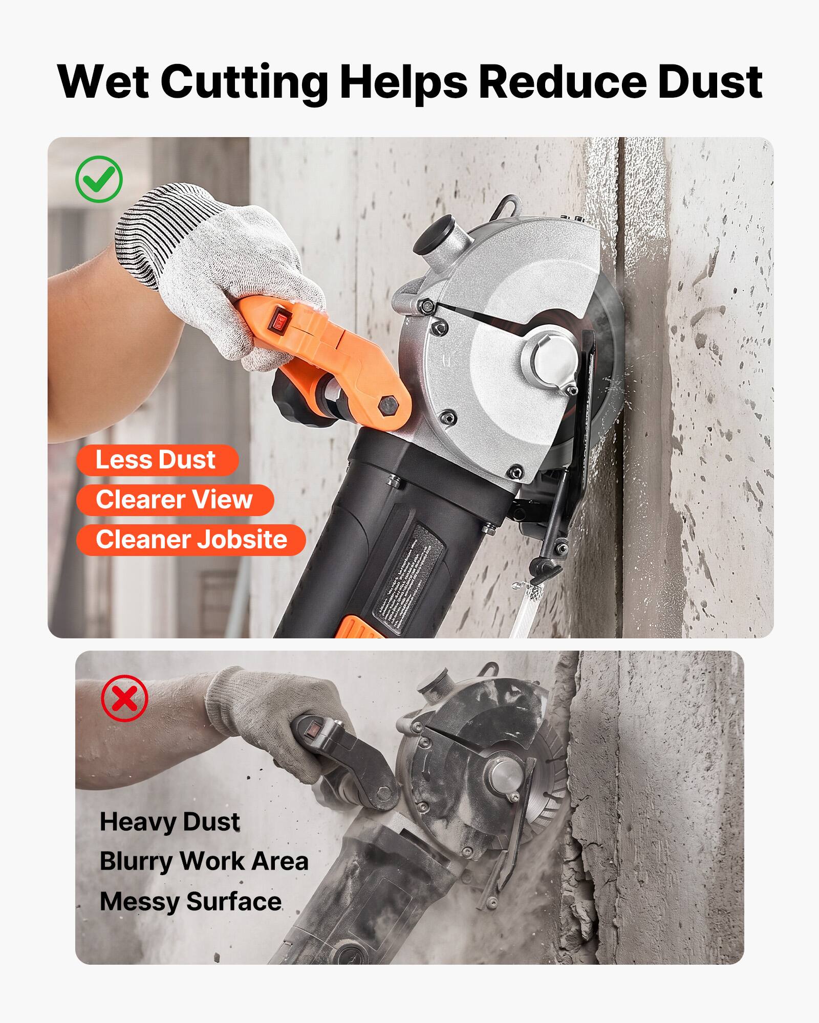 Wet Cutting Helps Reduce Dust

Less Dust
Clearer View
Cleaner Jobsite

Heavy Dust
Blurry Work Area
Messy Surface