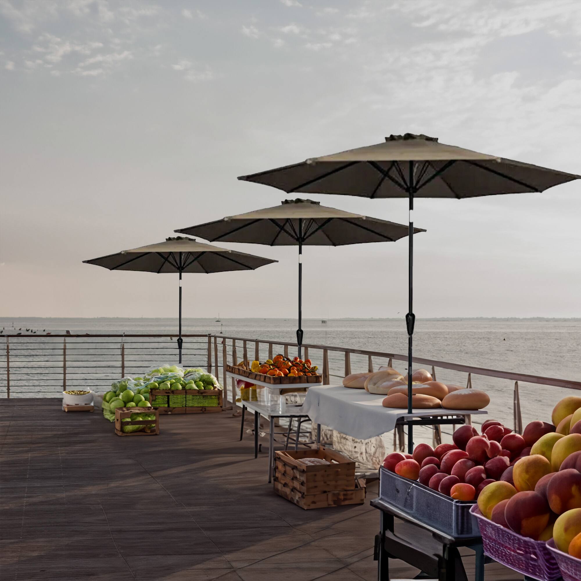 Alt View 3. Four Seasons Courtyard - Four Seasons Courtyard 9 Foot Round Olefin Fabric Belmont Market Umbrella, Taupe - Taupe.