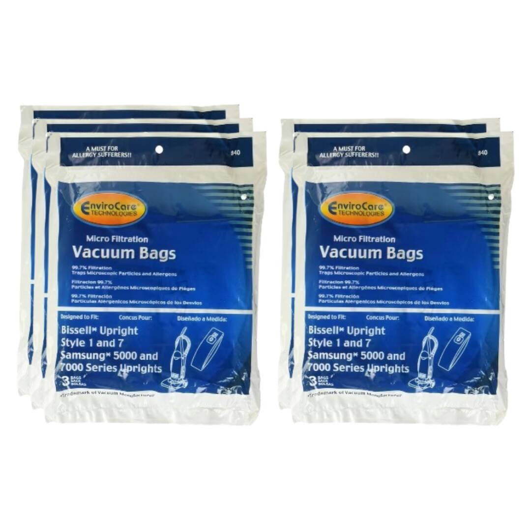 A MUST FOR ALLERGY SUFFERERS!!  
840 EnviroCare TECHNOLOGIES Micro Filtration Vacuum Bags  
99.7% Filtration Traps Microscopic Particles and Allergens  
99.7% Filtration Traps Particules et Allergènes Microscopiques de Pleges  
99.7% Filtration Traps Particulas Aergenicos Microscpicos de los Deevtos  

Designed to Fit:  
Bissell Upright Style 1 and 7  
Samsung 5000 and 7000 Series Uprights  

Conçu Pour:  
Bissell Upright Style 1 and 7  
Samsung 5000 and 7000 Series Uprights  

Diseñado a Medida:  
Bissell Upright Style 1 and 7  
Samsung 5000 and 7000 Series Uprights