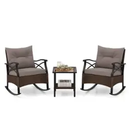 Costway - 3 PCS Patio Rocker Set with 2-Tier Coffee Table & Soft Seat Back Cushions Outdoor - Mix Brown + Grey