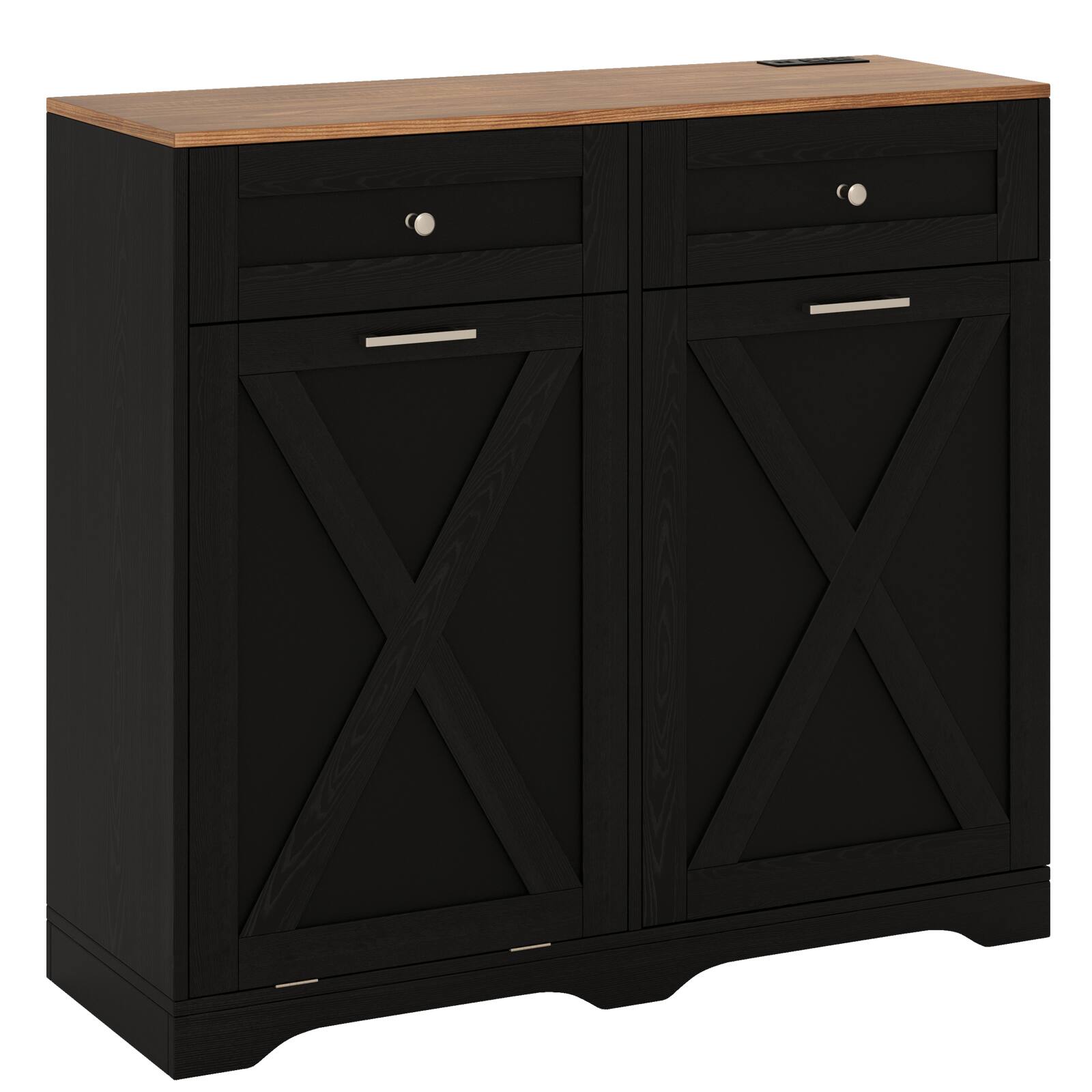 Alt View 9. Gymax - Gymax Tilt Out Trash Can Cabinet w/ Outlets 2 Drawers Adjustable Shelf Anti-Tipping Kit Black & Walnut - Black, Walnut.