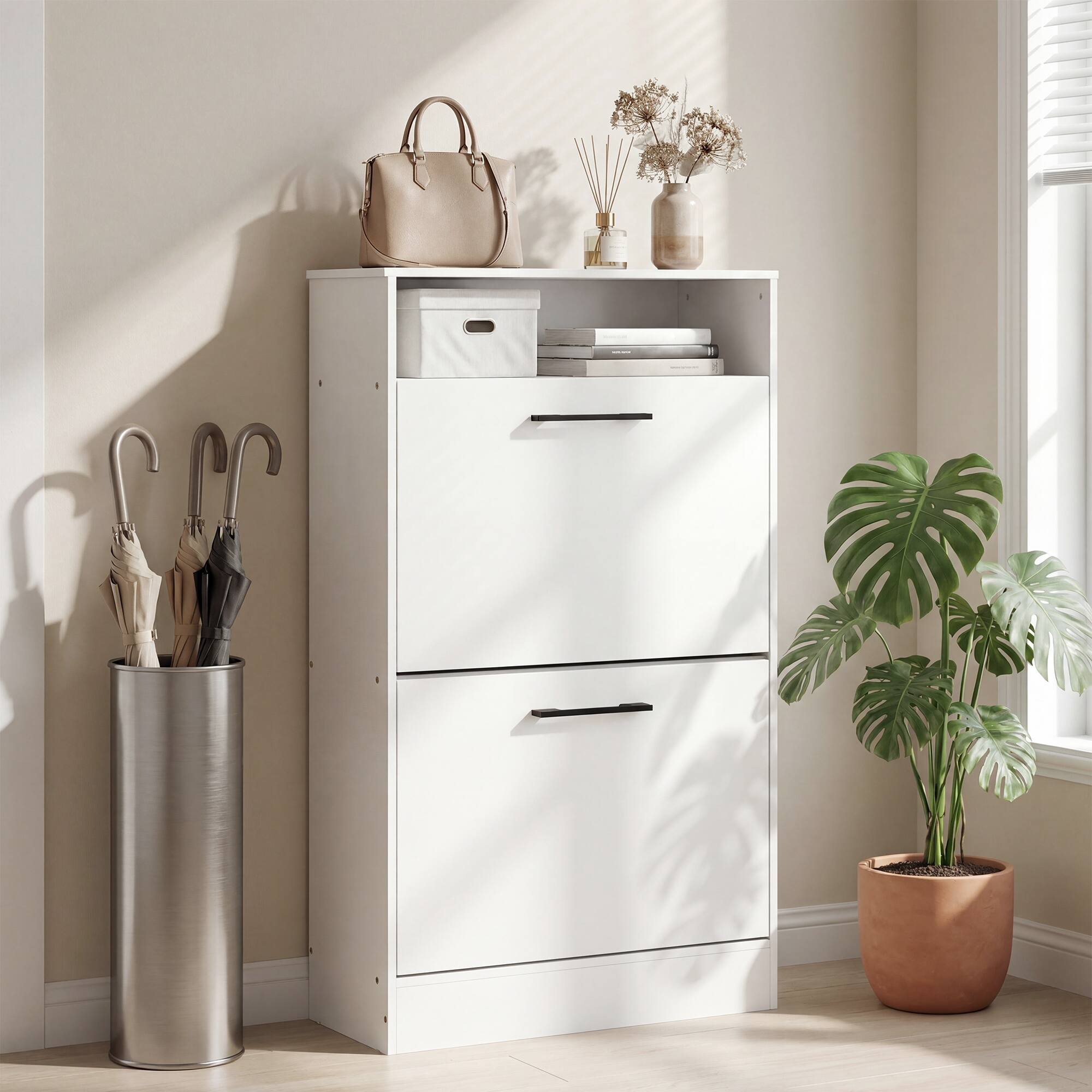 Alt View 7. Homcom - Cabinet 2 Flip Drawers Adjustable Dividers Shoe Storage Cabinet Top Shelf Entryway - White.