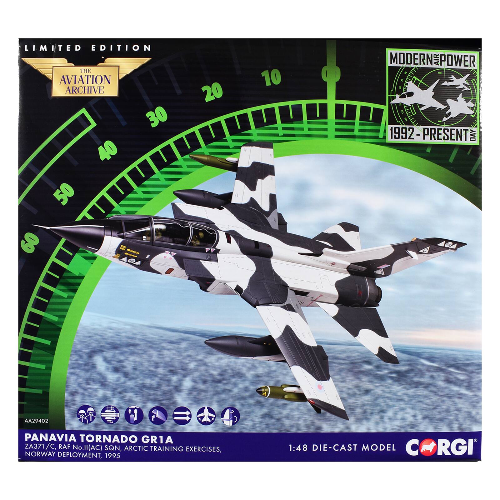 LIMITED EDITION  
THE AVIATION ARCHIVE  

MODERN POWER  
1992-PRESENT DAY  

AA29402  
PANAVIA TORNADO GR1A ZA371/C, RAF No.II(AC) SQN, ARCTIC TRAINING EXERCISES, NORWAY DEPLOYMENT, 1995  
1:48 DIE-CAST MODEL  
CORG