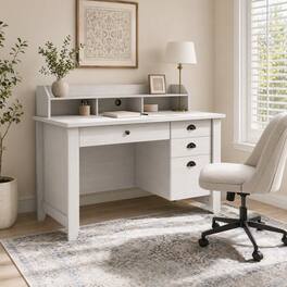 WELLFOR - 43.5" Vintage Computer Desk with 4 Drawers & Monitor Stand, Study Writing Desk with Storage Shelves - White