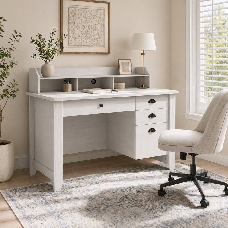 Front. WELLFOR - 43.5" Vintage Computer Desk with 4 Drawers & Monitor Stand, Study Writing Desk with Storage Shelves - White.