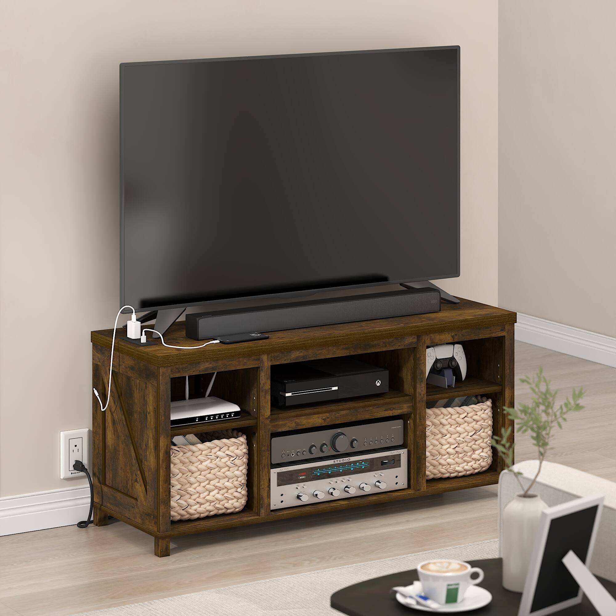 Alt View 1. Furinno - FARMHOUSE TV Stand with Charging Station, Entertainment Center, TV Console for TVs up to 55 In, for Living Room, Bedroom - Amber Pine.