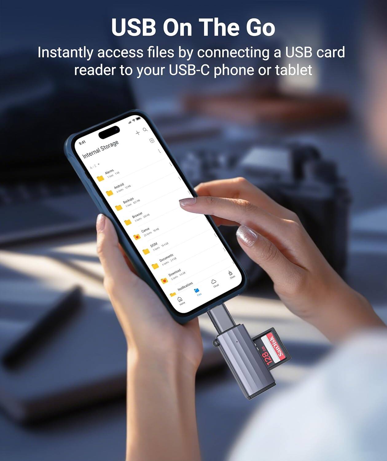 USB On The Go  
Instantly access files by connecting a USB card reader to your USB-C phone or tablet
