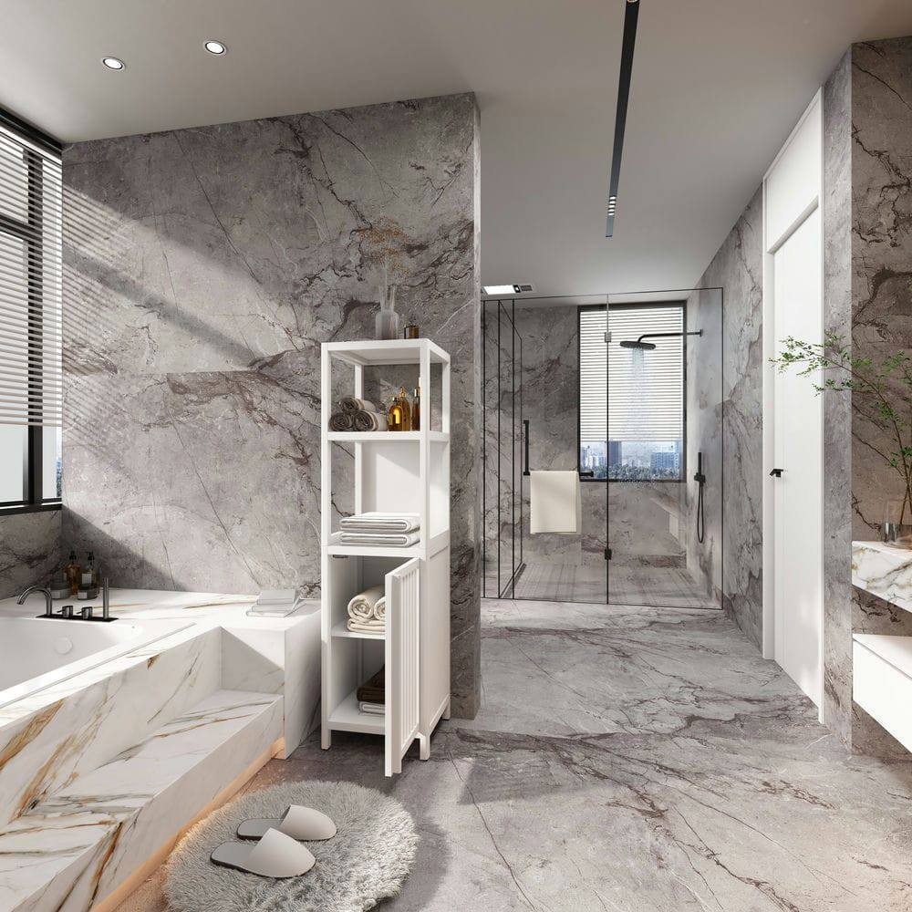 Alt View 4. Kadyn - A 52-foot-tall White linen tower bamboo storage cabinet, Suitable for main living spaces - White.