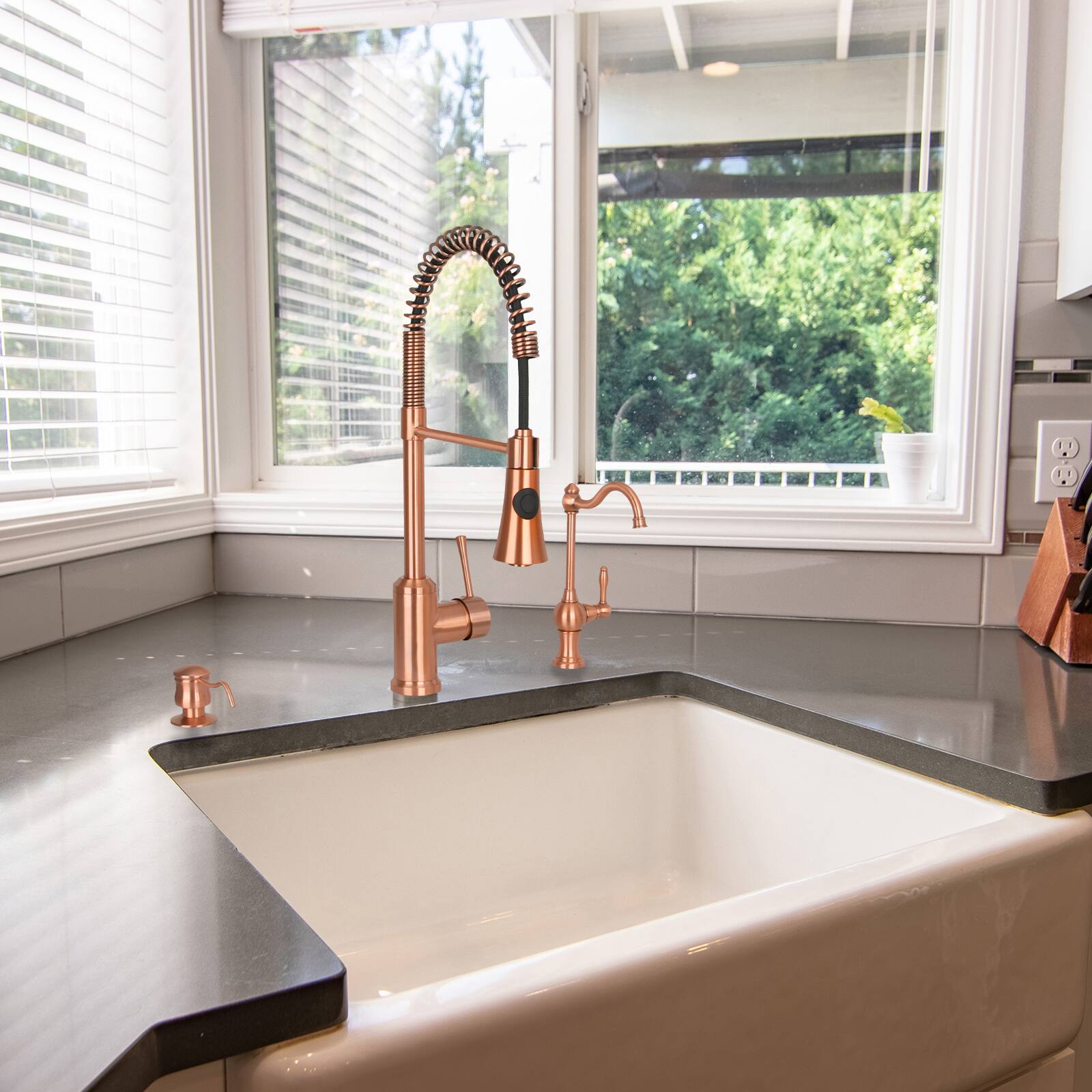 Alt View 5. Akicon - Akicon Solid Brass One-Handle Pre-Rinse Spring Kitchen Faucet with Pull Down Sprayer in Copper - Copper.