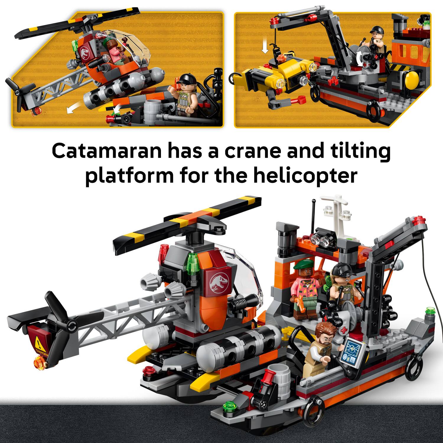Catamaran has a crane and tilting platform for the helicopter