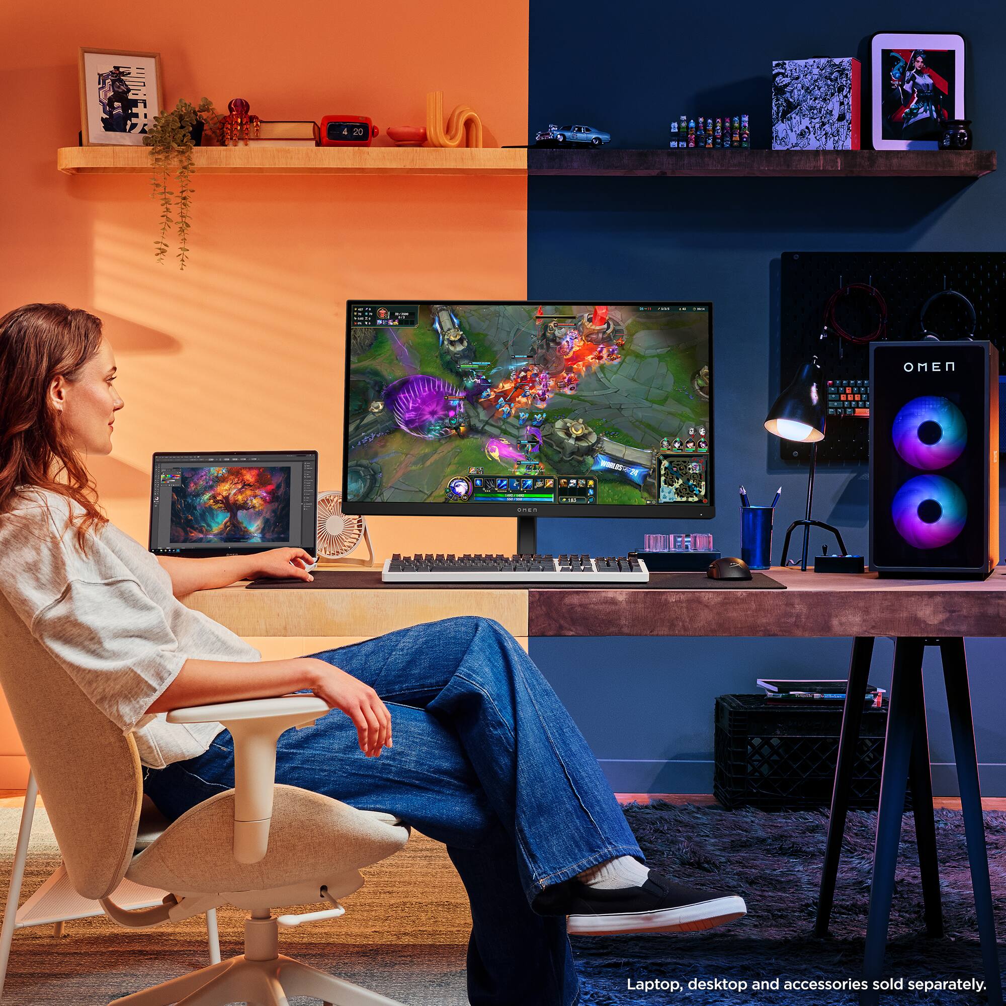 The image features a woman sitting in a chair with a laptop and a desktop computer. The laptop is placed on her lap, and she is using a keyboard and mouse. The desktop computer is positioned on a desk in front of her. The scene also includes a potted plant, a clock, and a book. The woman appears to be enjoying her time playing a video game on the computer.