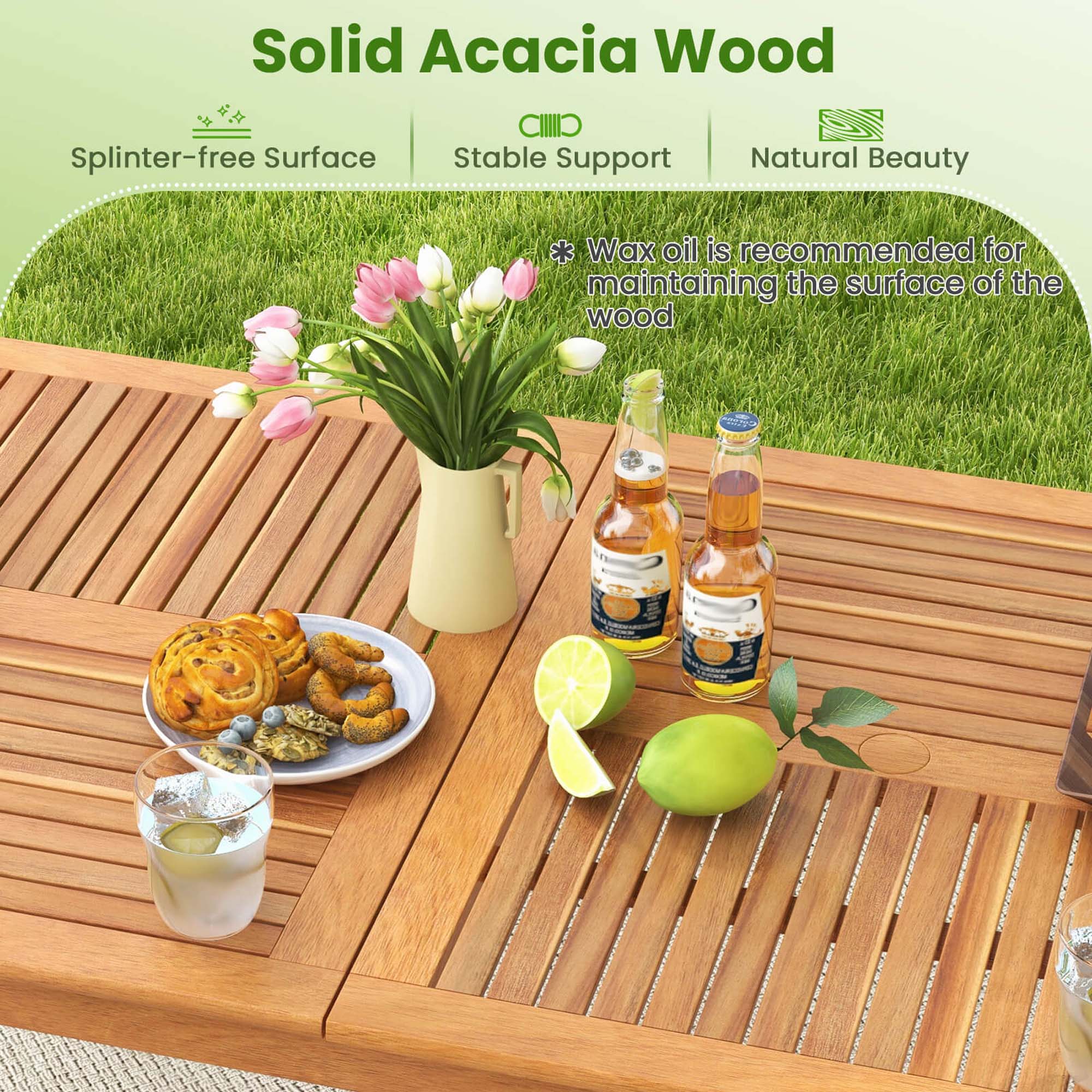 Solid Acacia Wood, Splinter-free Surface, Stable Support, Natural Beauty, Wax oil is recommended for maintaining the surface of the wood.