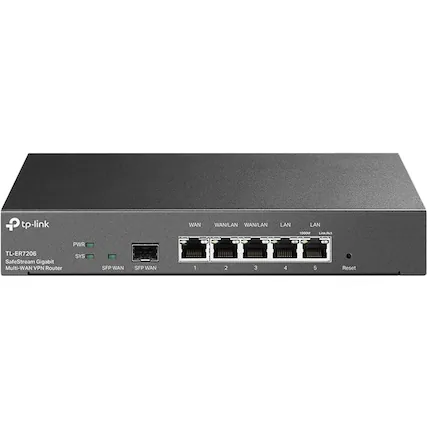 TP-Link TL-ER7206 SafeStream Gigabit Multi-WAN VPN Router
- WAN
- WAN/LAN 1
- WAN/LAN 2
- LAN 3
- LAN 4
- LAN 5
Ports:
- SFP WAN 1
- SFP WAN 2
Indicators:
- PWR
- SYS
Buttons:
- Reset
Link/Act indicators for LAN ports 1 to 5.